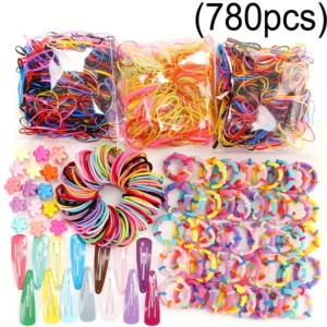780pcs Girls Barrette Hair Tie Set Colorful Ponytail Hair Clip Rubber Band with Ice Cream Barrette Hair Accessories Set (Wihtout Box)