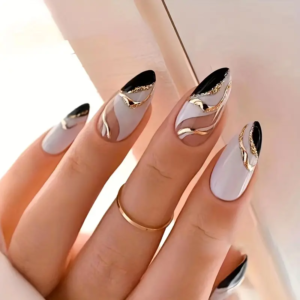 24pcs Glossy Medium Almond Fake Nails, Minimalist Style French Press On Nails With Black Golden Swirl Design, Sweet Cool False Nails For Women Girls Daily Wear
