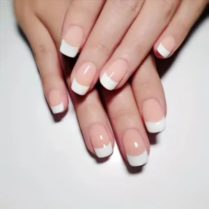 24pcs Glossy Short Square Fake Nails, Minimalist Style White French Tip Press on Nails, Full Cover Stick on Nails for Women Girls |Bride Nails |Wedding Nails