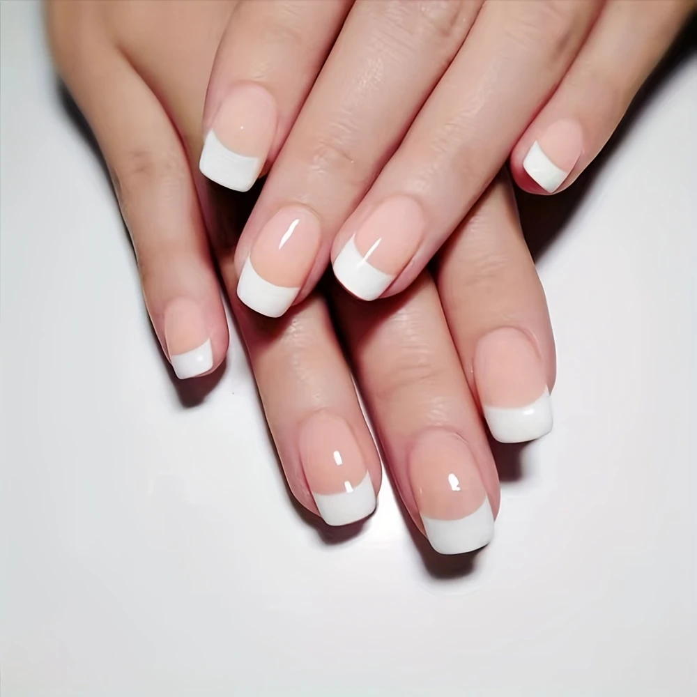 24pcs Glossy Short Square Fake Nails, Minimalist Style White French Tip Press on Nails, Full Cover Stick on Nails for Women Girls |Bride Nails |Wedding Nails
