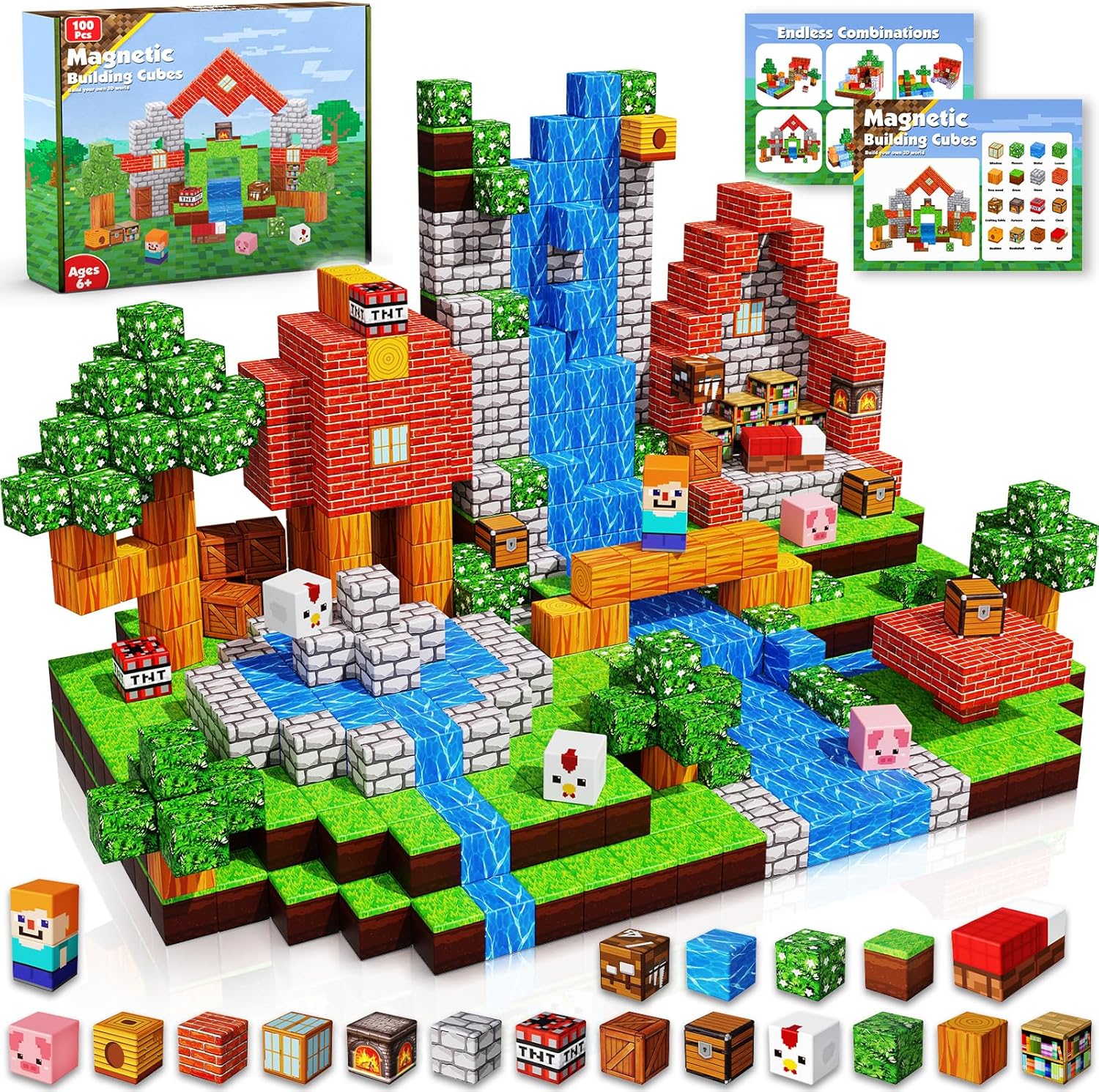 Magnetic Blocks |100PCS Magnetic Building Cube Game, Constructions Toys for Boys & Girls Age 3-4, 5 6 7 8 9 10, STEM Montessori Stacking Toy, Sensory Tiles Building Birthday for Kids