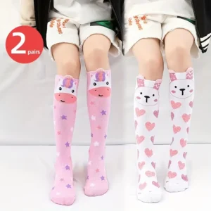 2 Pairs Girls Knee High Socks, Cute Animal Socks Colorful Cartoon Animal Warm Cotton Stockings Mid Calf Long Boot Socks For 4-12 Years Girls, One Size