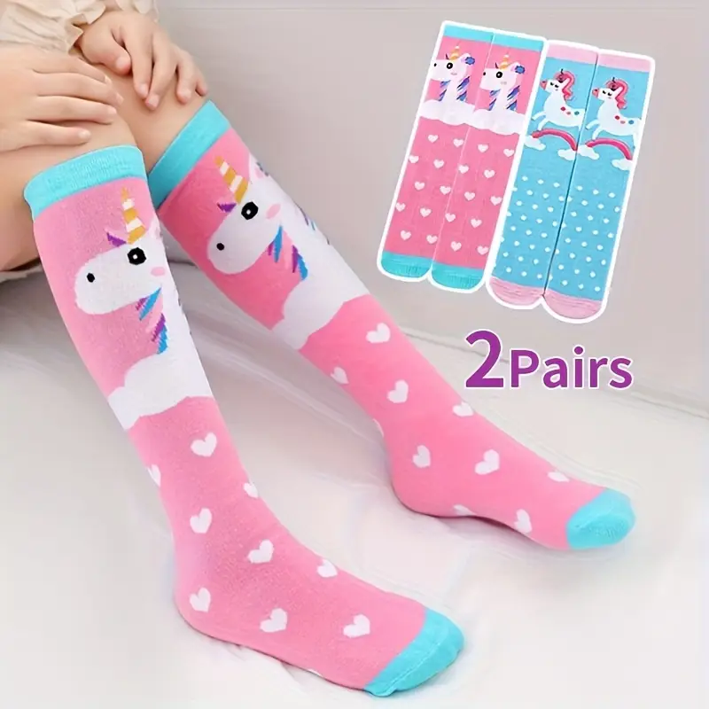 2 Pairs of Girls' Heart Cute Unicorn Knee-High Socks, Girls' Four-Season Soft and Comfortable Knee-High Calf Socks, Suitable for Casual Daily Life