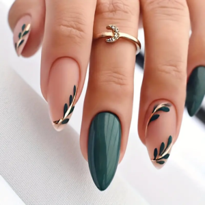 24pcs Glossy Medium Almond Fake Nails, Green Leaves And Golden Line With Design Press On Nails, Fresh False Nails For Women Girls Fall Nail Decoration