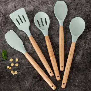 Kitchen Utensils Set, 5 Pcs Non-Stick Silicone Kitchen Cooking Utensils with Wooden Handle, Kitchen Spatula Cookware Utensils Set, Heat Resistant (Light Green)