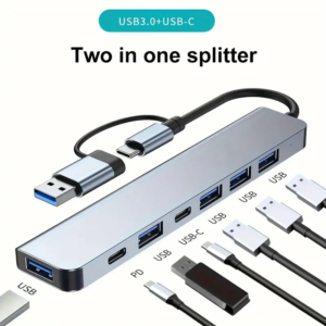 USB C Hub USB Splitter 7 in 1 USB Extender Multiport USB Adapter with 5 USB Ports 1 USB-C 60W PD Charging Port for MacBook Pro/iPad Pro/Surface Pro/HP Laptop/Galaxy Phones