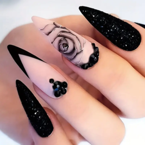 Medium Length Almond Press on Nails, French Black Pink Glossy Fake Nails With Rose Designs, Acrylic All Cover False Nails With Rhinestones Decor, For Women And Girls 24pcs