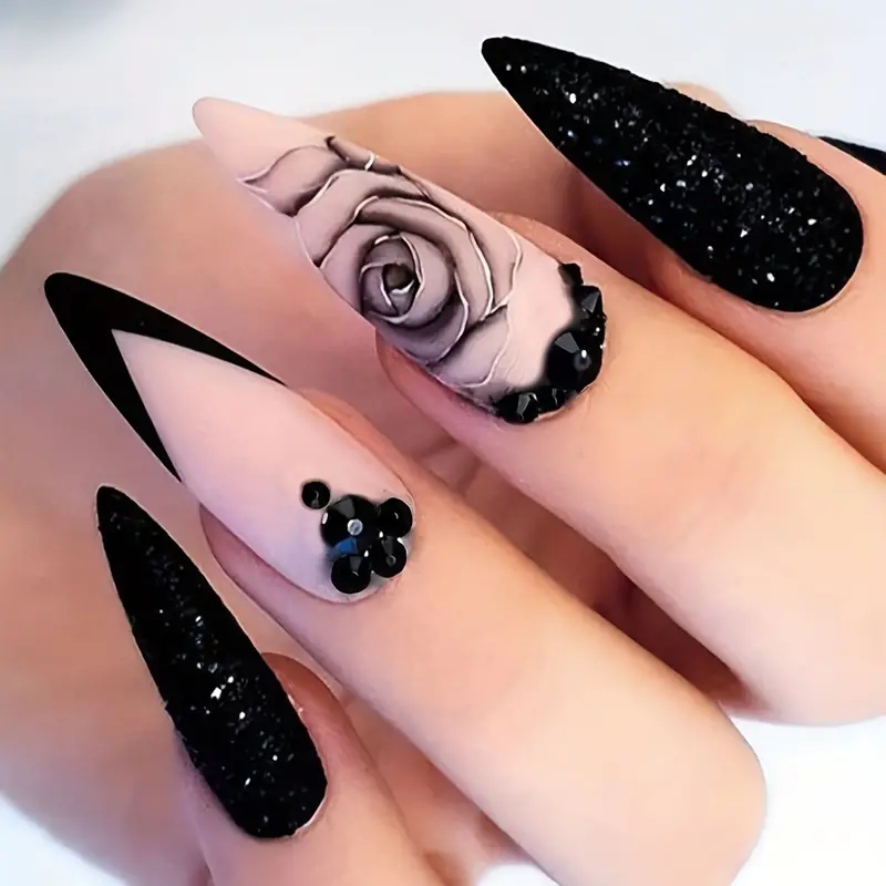 Medium Length Almond Press on Nails, French Black Pink Glossy Fake Nails With Rose Designs, Acrylic All Cover False Nails With Rhinestones Decor, For Women And Girls 24pcs