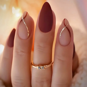 24pcs Medium Almond Fake Nails Elegant Frosted French Manicure Wine Red Colored Press On Nails With Golden Glitter Line Design Manicure Set For Daily Wear, Jelly Glue And Nail File Included