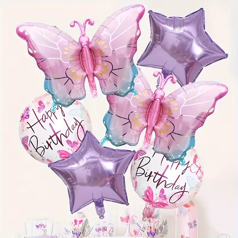 6pcs gradient pink butterfly birthday happy round ball five-pointed star aluminum film balloons set - birthday decoration party supplies, anniversary day, festival banquet celebration atmosphere background wall decorative - Image 4
