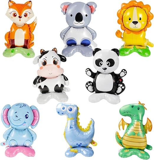 8 Pc Standing Cute Animal Foil Balloons - Lion, Dinosaur, Cow, Fox, Koala, Panda, Elephant, Bunny - Jungle Safari Zoo Themed Baby Shower Birthday Party Decorations - Image 6