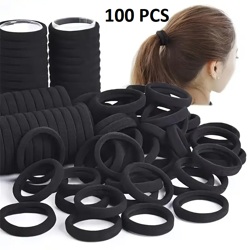 100PCS Hair Ties Black Large Stretch No Damage Ponytail Cotton Seamless Hair Ties Elastic for Women Thick Heavy Curly Hair