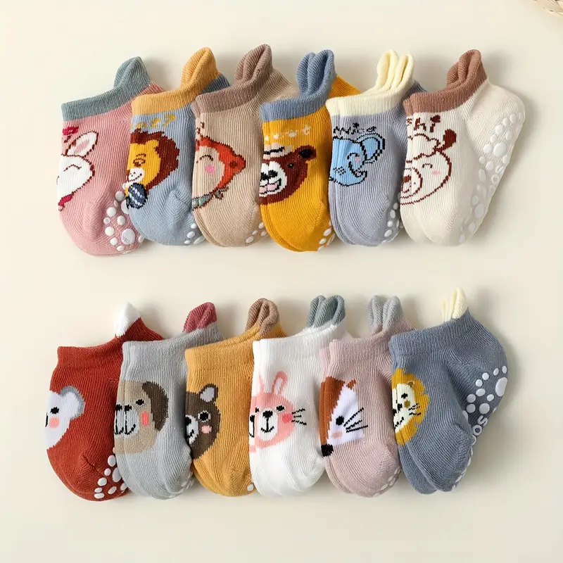 12-Pack Kids Cartoon Ankle Socks with Non-Slip Silicone - Cotton Rich Blend, Knit Fabric, All-Season Comfort for Kids, Assorted Designs - Machine Washable (1 - 3y) - Image 7
