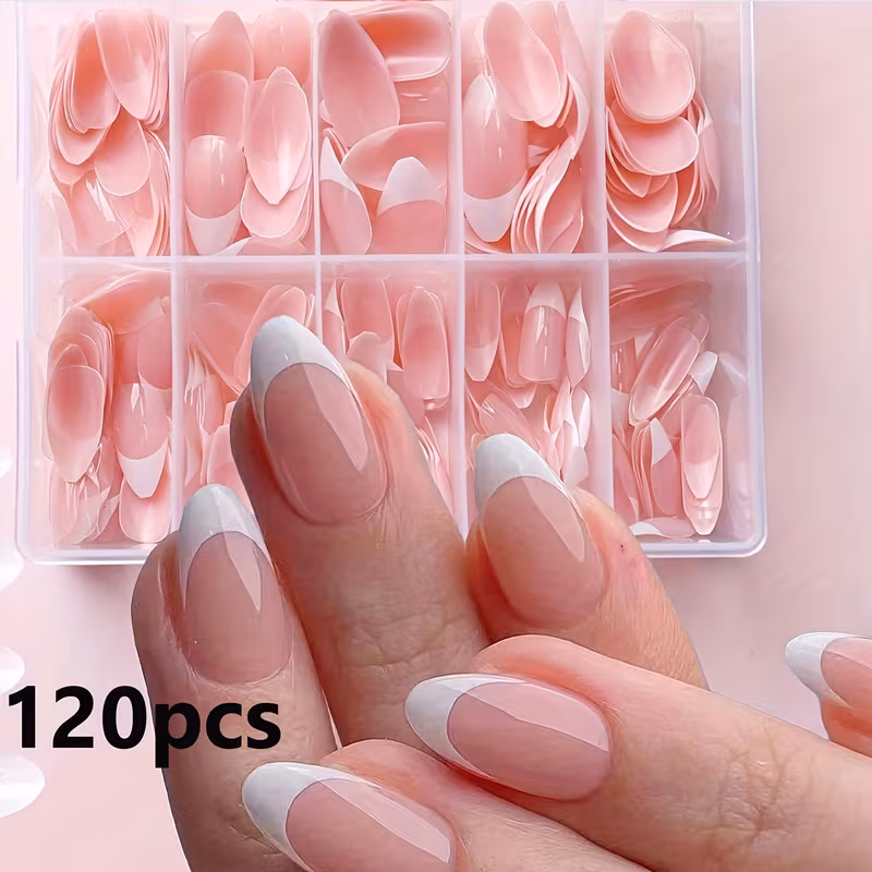 120PCS Short Almond Gel Nail Tips, French Pink Fake Nails, 12 Sizes Full Cover Soft Acrylic Press - On Nail Extensions, No C Curve, DIY Manicure at Home