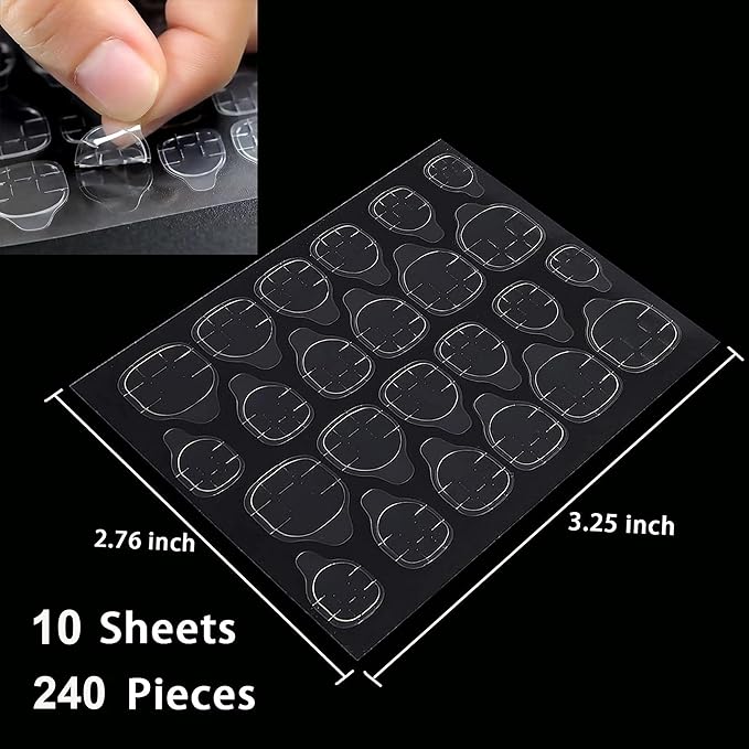 240 Pcs Thin Breathable Adhesive Tabs Fake Nail Glue Sticker 10 Sheets Super Sticky Double Sided Tips (Germany Jelly Gel) Flexible for Acrylic False Nails Manicure Tape (240 Pcs)