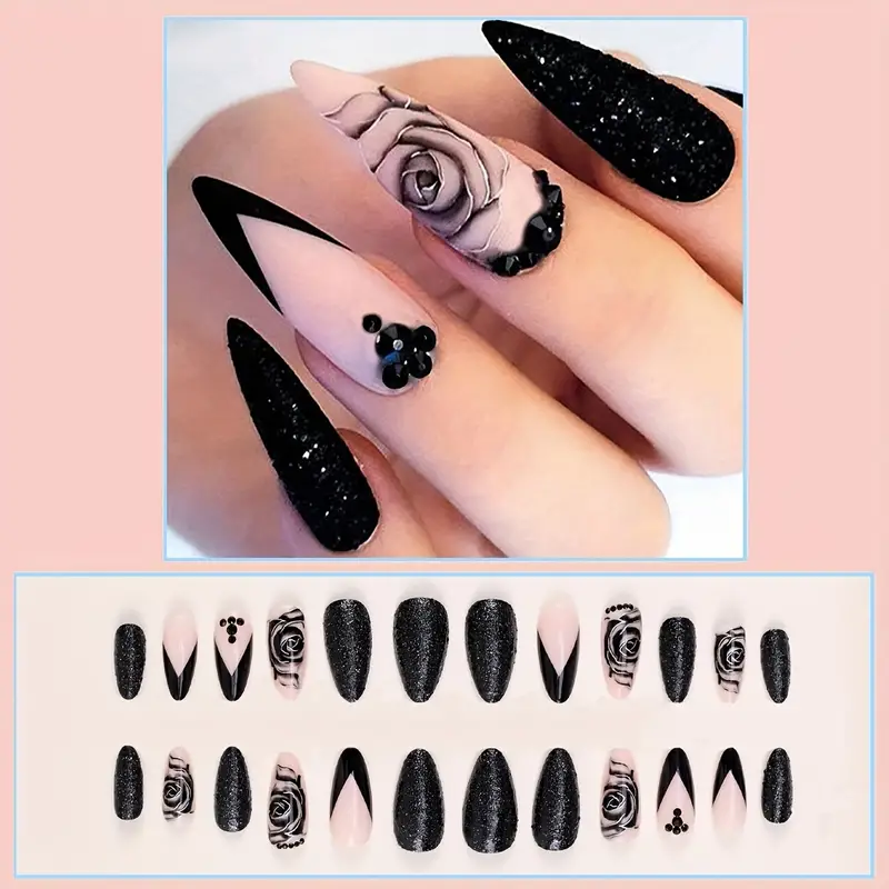 Medium Length Almond Press on Nails, French Black Pink Glossy Fake Nails With Rose Designs, Acrylic All Cover False Nails With Rhinestones Decor, For Women And Girls 24pcs - Image 2