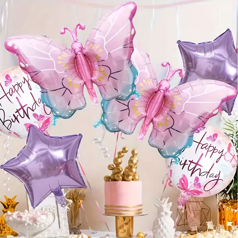6pcs gradient pink butterfly birthday happy round ball five-pointed star aluminum film balloons set - birthday decoration party supplies, anniversary day, festival banquet celebration atmosphere background wall decorative - Image 3