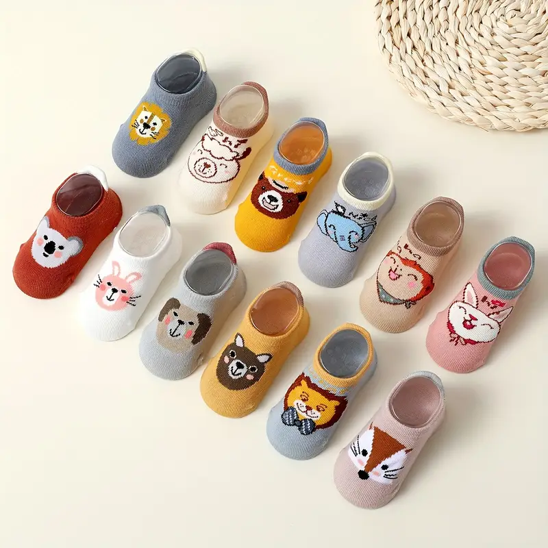12-Pack Kids Cartoon Ankle Socks with Non-Slip Silicone - Cotton Rich Blend, Knit Fabric, All-Season Comfort for Kids, Assorted Designs - Machine Washable (1 - 3y)