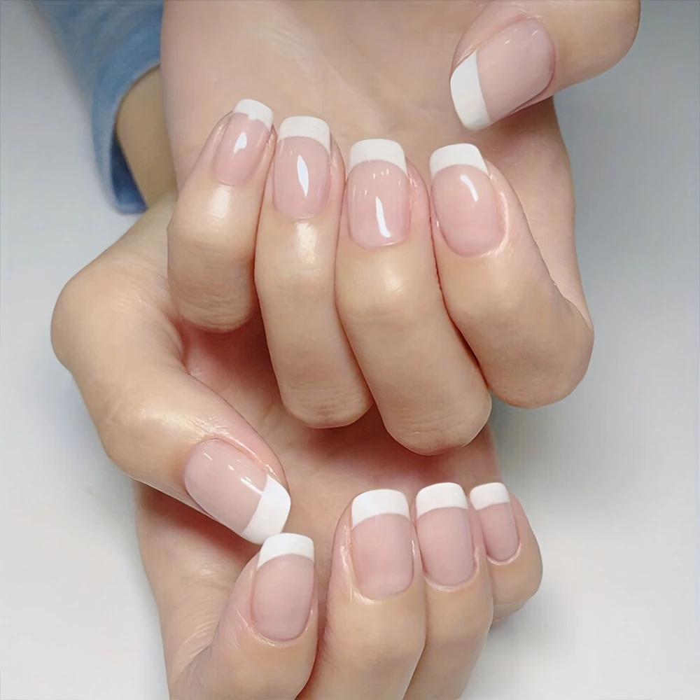 24pcs Glossy Short Square Fake Nails, Minimalist Style White French Tip Press on Nails, Full Cover Stick on Nails for Women Girls |Bride Nails |Wedding Nails - Image 2