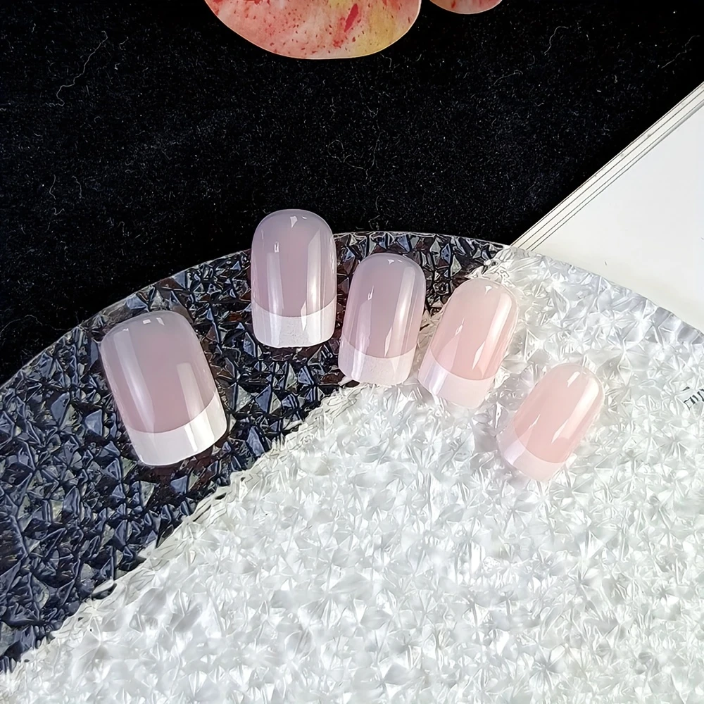 24pcs Glossy Short Square Fake Nails, Minimalist Style White French Tip Press on Nails, Full Cover Stick on Nails for Women Girls |Bride Nails |Wedding Nails - Image 3