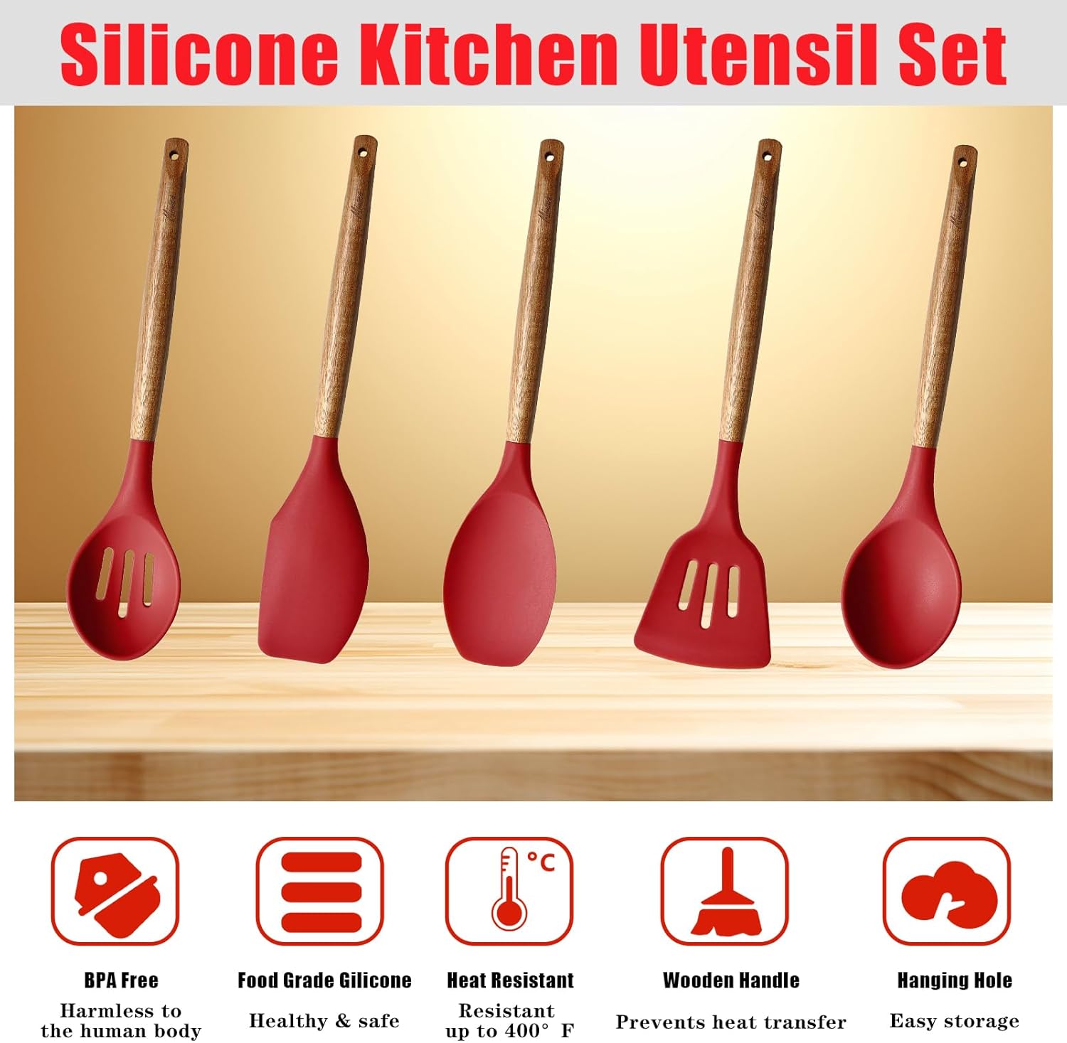 Kitchen Utensils Set, Silicone Cooking Utensils Set,Non-Stick Silicone Spatula Set with Natural Acacia Hard Wood Handle, 5 Piece, Upgraded Thickened Cookware - Image 5