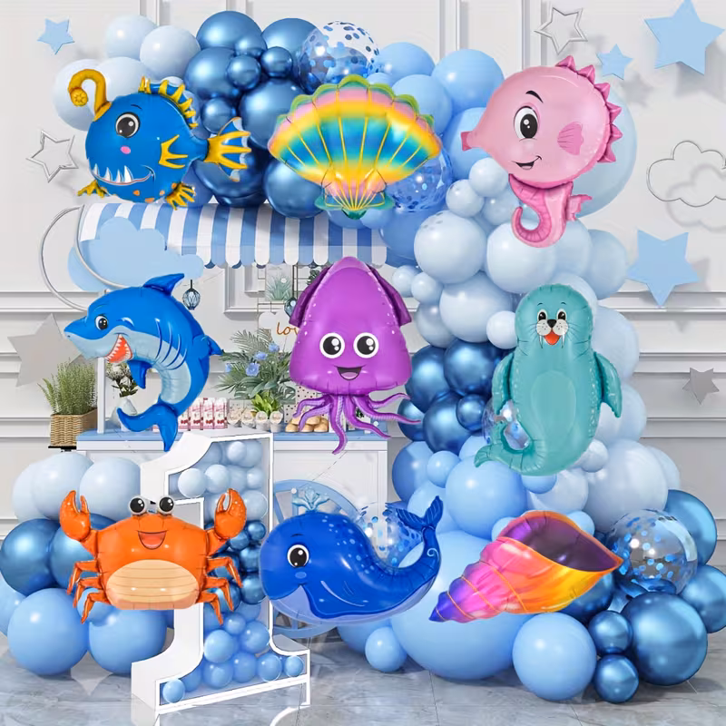 9pcs of Large Marine Animal Balloons Shells, Octopus, Crab, Sea Lion, Shark, Whale, Lantern Fish, Seahorse Underwater Animal Theme Birthday Party Decoration Arrangement