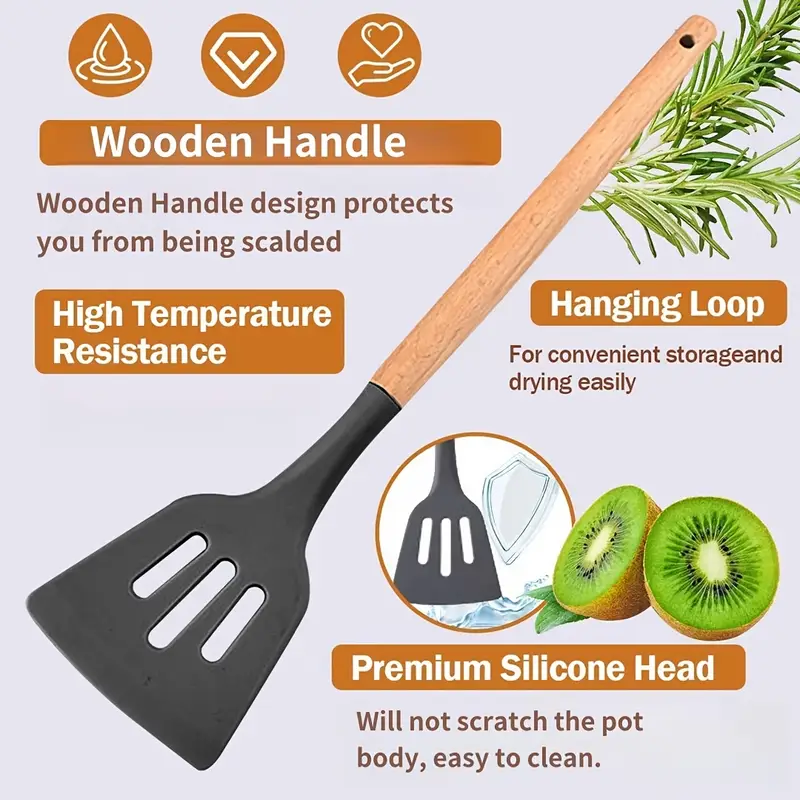Kitchen Utensils Set, 5 Pcs Non-Stick Silicone Kitchen Cooking Utensils with Wooden Handle, Kitchen Spatula Cookware Utensils Set, Heat Resistant (Light Green) - Image 6