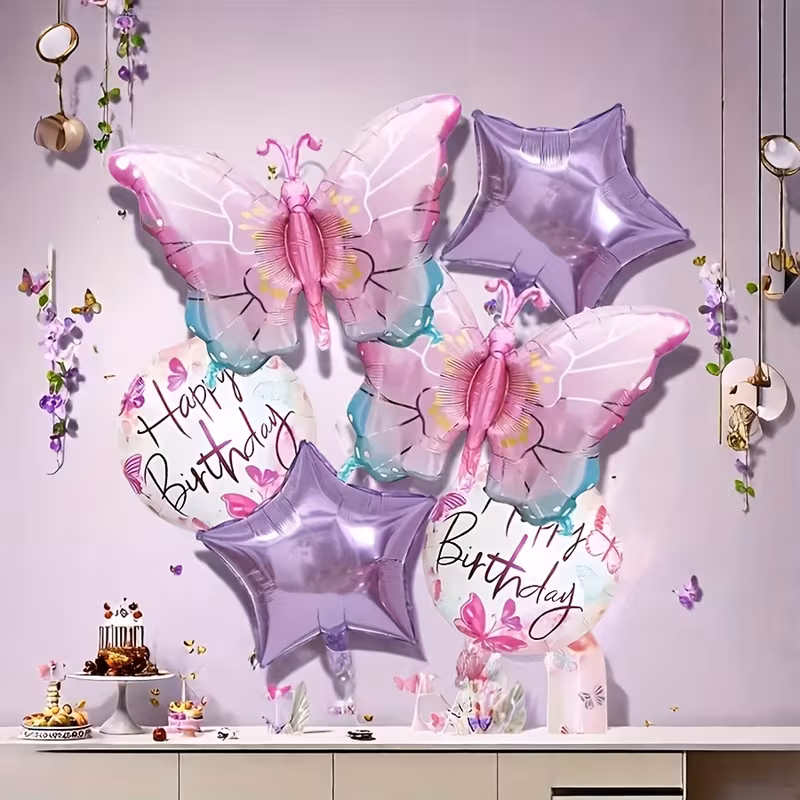 6pcs gradient pink butterfly birthday happy round ball five-pointed star aluminum film balloons set - birthday decoration party supplies, anniversary day, festival banquet celebration atmosphere background wall decorative