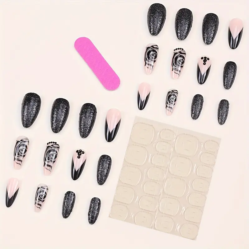 Medium Length Almond Press on Nails, French Black Pink Glossy Fake Nails With Rose Designs, Acrylic All Cover False Nails With Rhinestones Decor, For Women And Girls 24pcs - Image 3