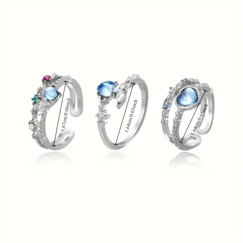 3pcs/Set Exquisite Elegant Sweet Style Heart & Flower & Rhinestone Decor Adjustable Rings, Great Gift for Women's and Girl's - Image 4