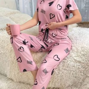 Casual Heart & Letter Print Pajama Set, Short Sleeve Crew Neck Top & Elastic Pants Women's Sleepwear & Loungewear
