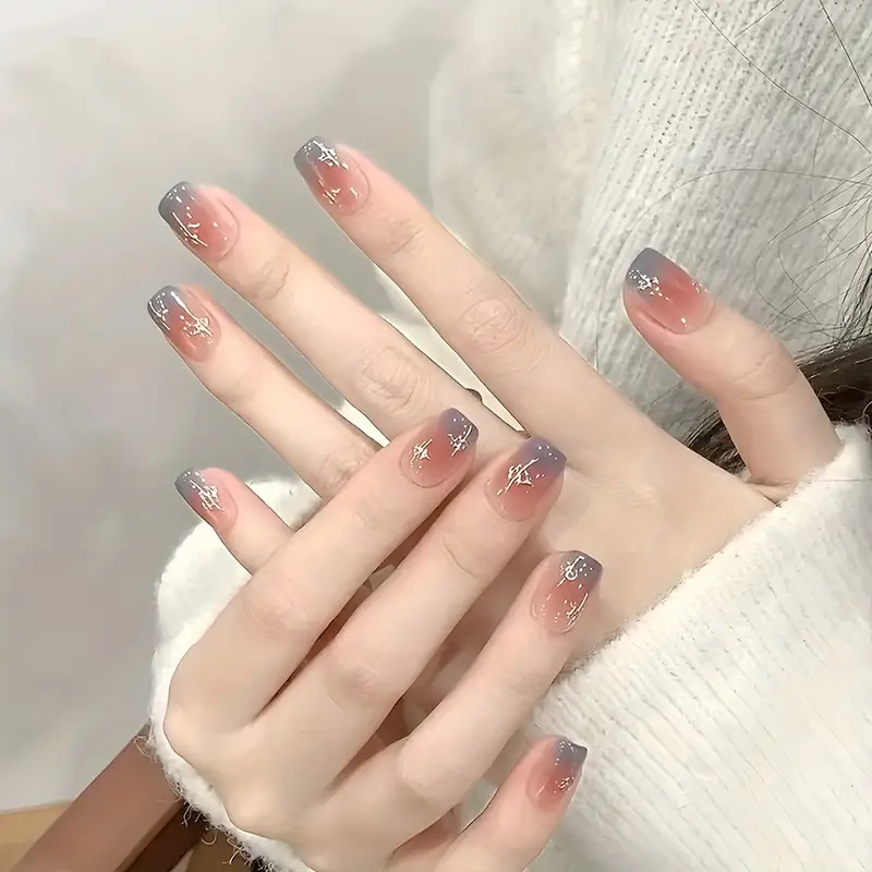 24pcs Glossy Short Press on Nails Gradient Pinkish Design Blue French Style False Nails Reusable For Women - Image 5