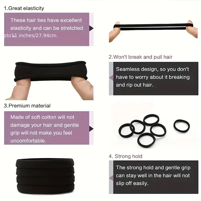 100PCS Hair Ties Black Large Stretch No Damage Ponytail Cotton Seamless Hair Ties Elastic for Women Thick Heavy Curly Hair - Image 2