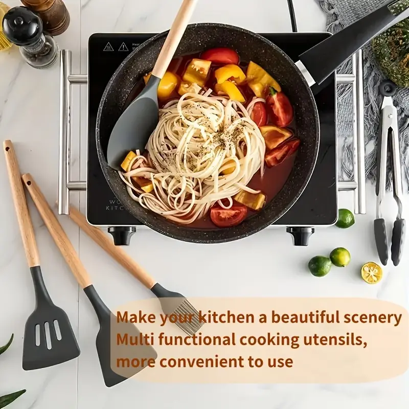 Kitchen Utensils Set, 5 Pcs Non-Stick Silicone Kitchen Cooking Utensils with Wooden Handle, Kitchen Spatula Cookware Utensils Set, Heat Resistant (Light Green) - Image 5