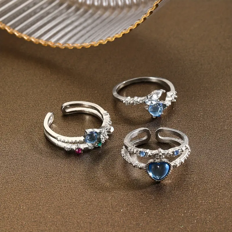 3pcs/Set Exquisite Elegant Sweet Style Heart & Flower & Rhinestone Decor Adjustable Rings, Great Gift for Women's and Girl's - Image 3