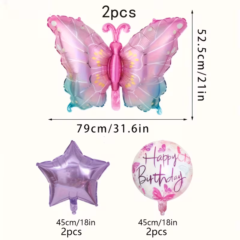 6pcs gradient pink butterfly birthday happy round ball five-pointed star aluminum film balloons set - birthday decoration party supplies, anniversary day, festival banquet celebration atmosphere background wall decorative - Image 2