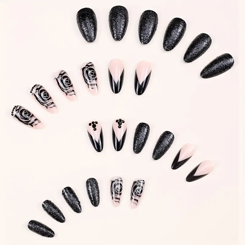 Medium Length Almond Press on Nails, French Black Pink Glossy Fake Nails With Rose Designs, Acrylic All Cover False Nails With Rhinestones Decor, For Women And Girls 24pcs - Image 4