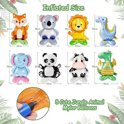 8 Pc Standing Cute Animal Foil Balloons - Lion, Dinosaur, Cow, Fox, Koala, Panda, Elephant, Bunny - Jungle Safari Zoo Themed Baby Shower Birthday Party Decorations - Image 3