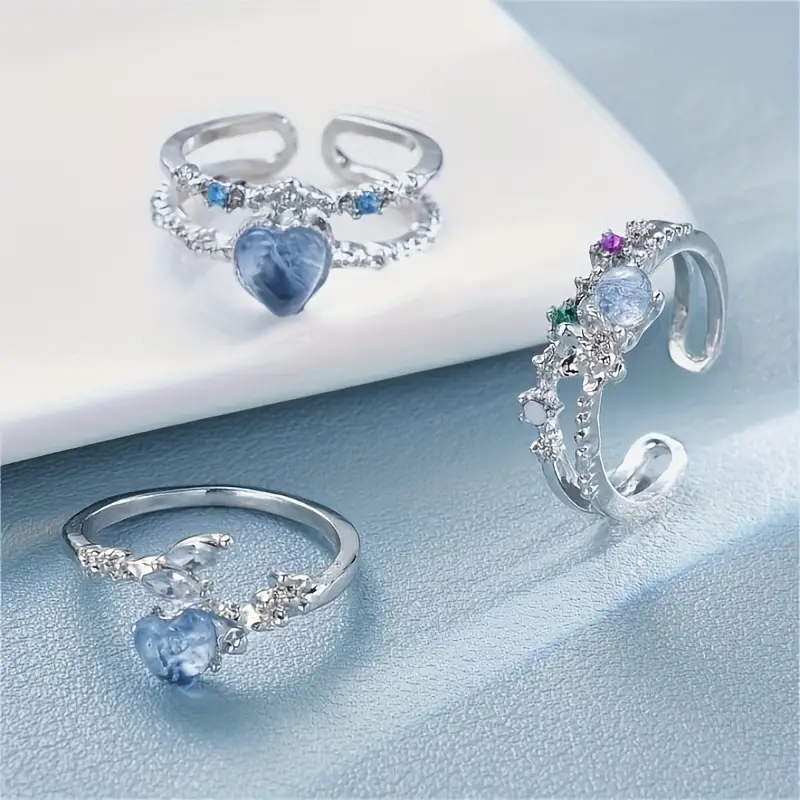 3pcs/Set Exquisite Elegant Sweet Style Heart & Flower & Rhinestone Decor Adjustable Rings, Great Gift for Women's and Girl's - Image 2