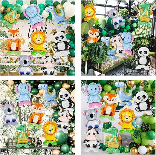 8 Pc Standing Cute Animal Foil Balloons - Lion, Dinosaur, Cow, Fox, Koala, Panda, Elephant, Bunny - Jungle Safari Zoo Themed Baby Shower Birthday Party Decorations - Image 2