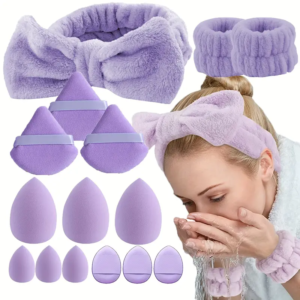 15pcs Set Dual-use Makeup Tool Set for Facial Cleansing with Sponges for Wet & Dry Use-Purple