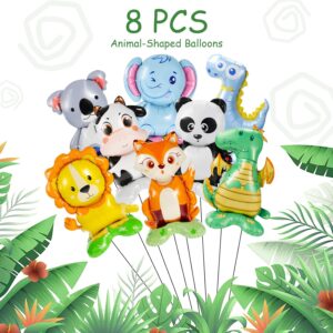 8 Pc Standing Cute Animal Foil Balloons - Lion, Dinosaur, Cow, Fox, Koala, Panda, Elephant, Bunny - Jungle Safari Zoo Themed Baby Shower Birthday Party Decorations