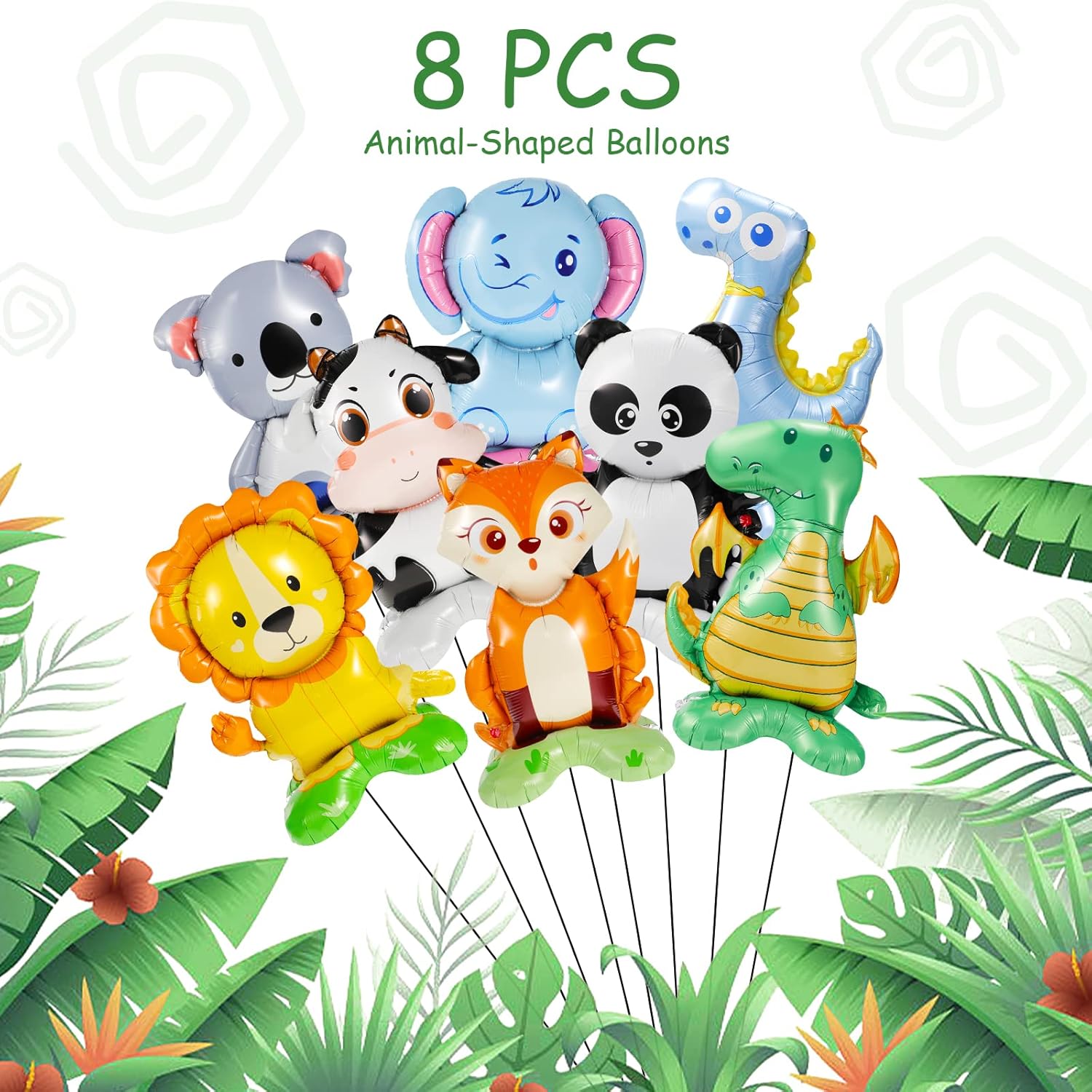 8 Pc Standing Cute Animal Foil Balloons - Lion, Dinosaur, Cow, Fox, Koala, Panda, Elephant, Bunny - Jungle Safari Zoo Themed Baby Shower Birthday Party Decorations