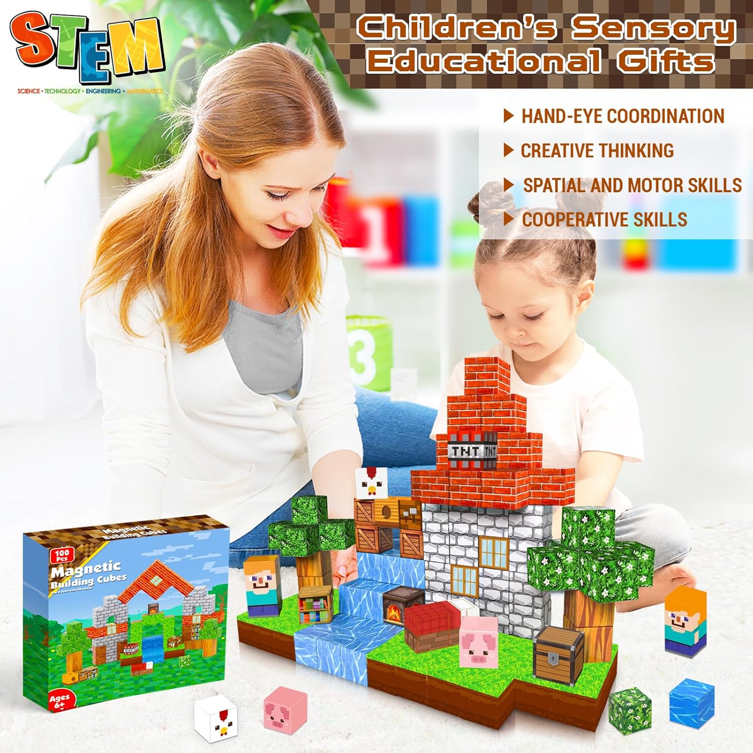 Magnetic Blocks |100PCS Magnetic Building Cube Game, Constructions Toys for Boys & Girls Age 3-4, 5 6 7 8 9 10, STEM Montessori Stacking Toy, Sensory Tiles Building Birthday for Kids - Image 10