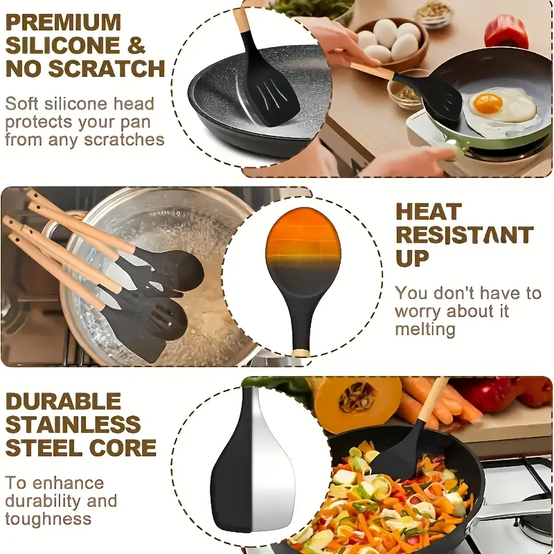 Kitchen Utensils Set, 5 Pcs Non-Stick Silicone Kitchen Cooking Utensils with Wooden Handle, Kitchen Spatula Cookware Utensils Set, Heat Resistant (Light Green) - Image 2