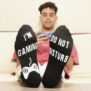 1 Pair Spring/Autumn Luminous Game Mid-Calf Socks with the words "I'm Playing Games, Please Do Not Disturb" Soft and Elastic, Hand Wash Only, Suitable for Men and Women